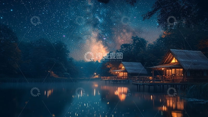 高清大图下载【趣麦麦图】星空下的水上木屋