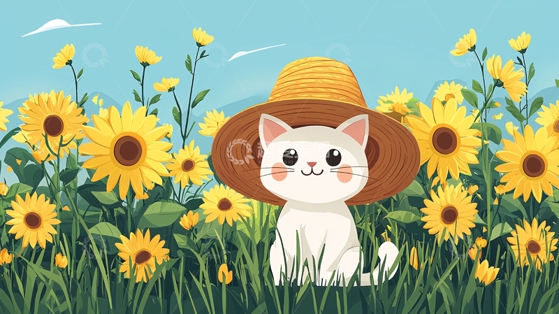 高清大图下载【趣麦麦图】戴草帽的猫咪向日葵田