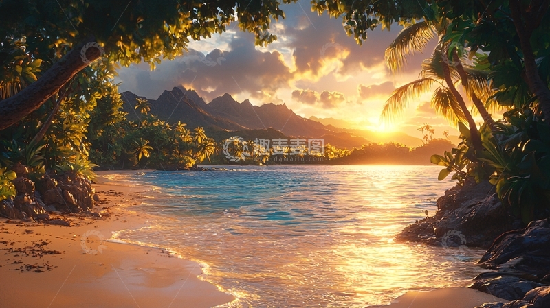 高清大图下载【趣麦麦图】热带海滩夕阳美景