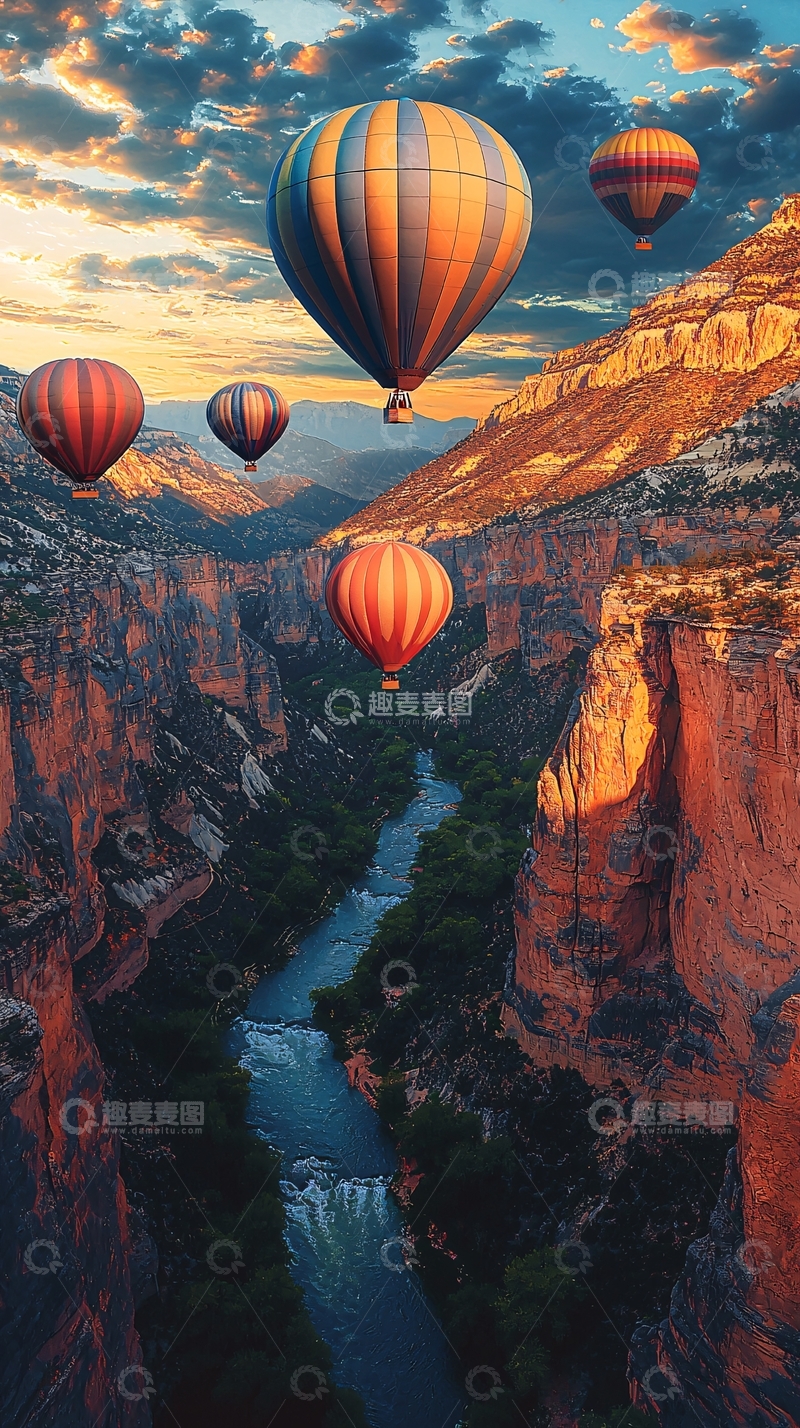 高清大图下载【趣麦麦图】热气球峡谷日落