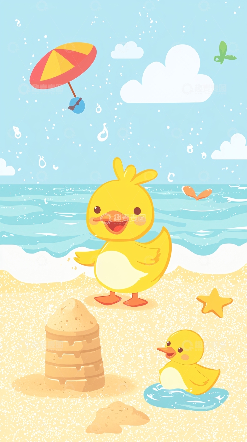 高清大图下载【趣麦麦图】小黄鸭沙滩玩耍图