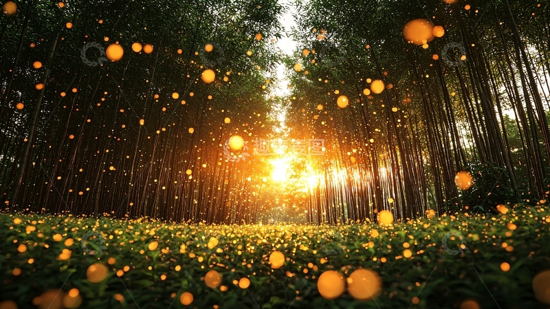 高清大图下载【趣麦麦图】萤火虫森林日落