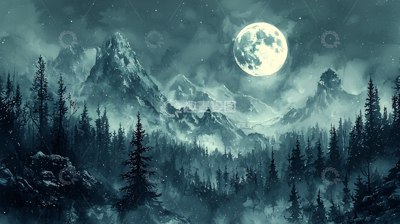 高清大图下载【趣麦麦图】极寒山脉月夜景色