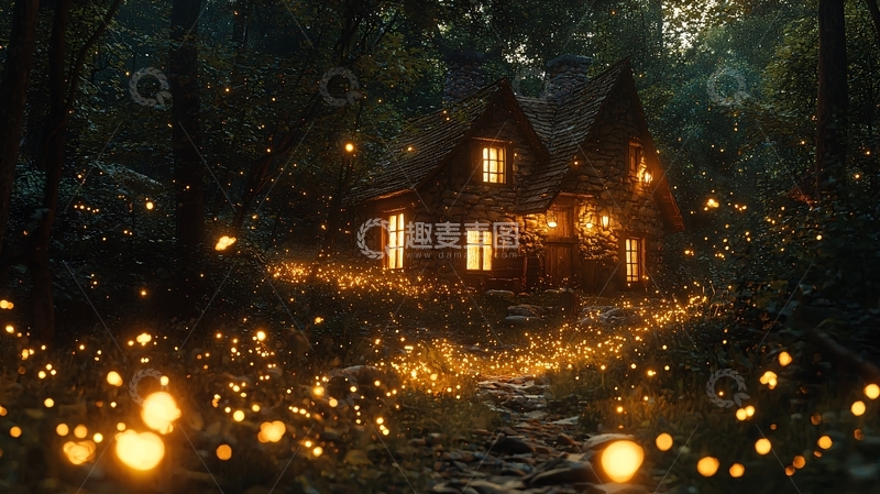 高清大图下载【趣麦麦图】萤火虫森林小屋