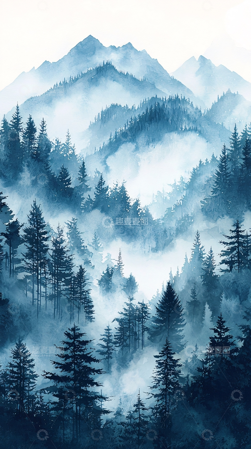 高清大图下载【趣麦麦图】水墨风格的山峦与森林
