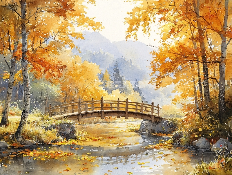 高清大图下载【趣麦麦图】秋日森林小桥流水