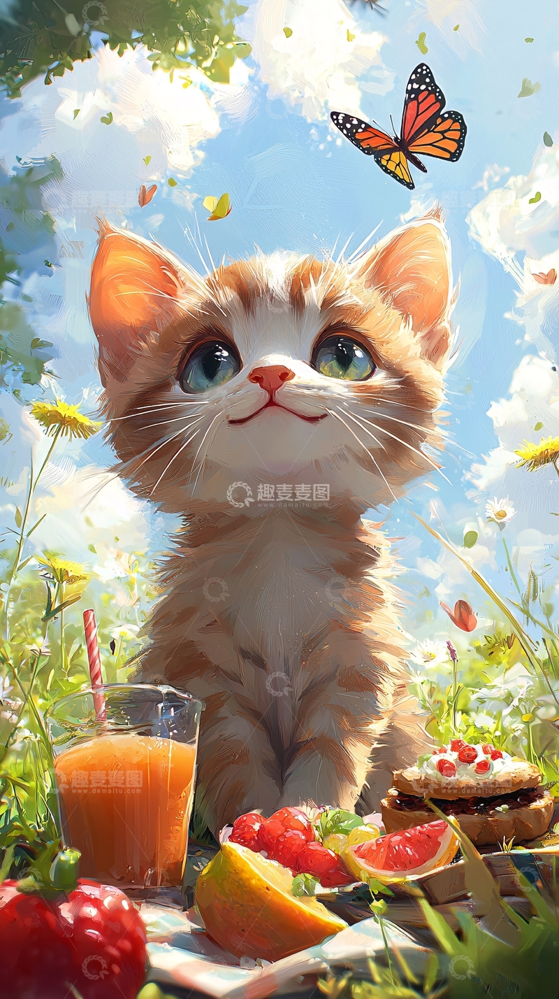 高清大图下载【趣麦麦图】草地上的小猫和蝴蝶