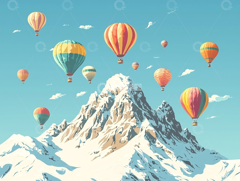 高清大图下载【趣麦麦图】热气球飞过雪山