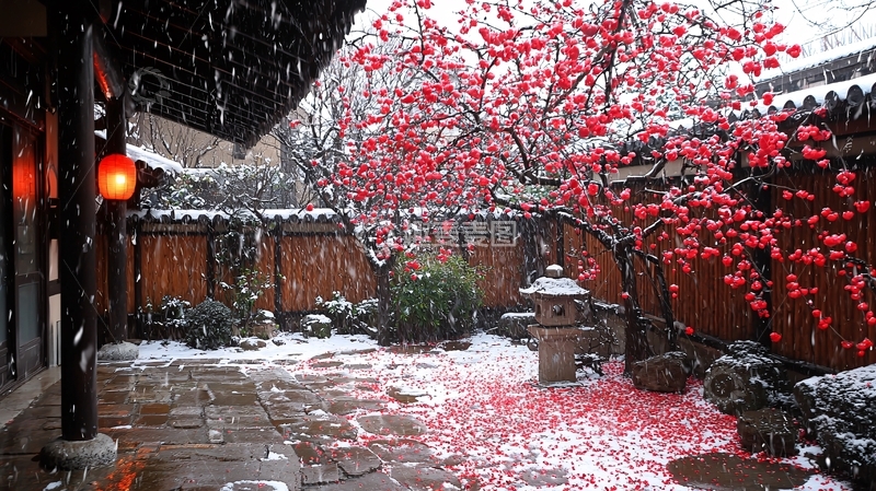 高清大图下载【趣麦麦图】雪中红梅庭院