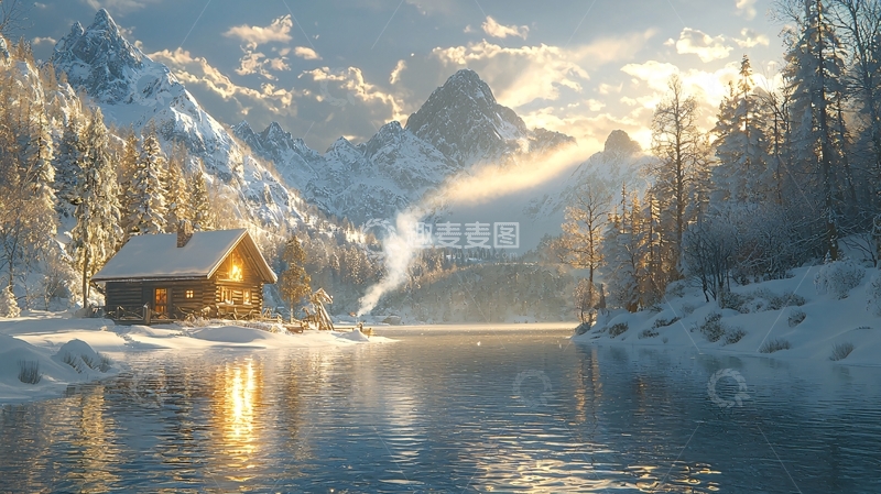 高清大图下载【趣麦麦图】雪山木屋湖泊日落