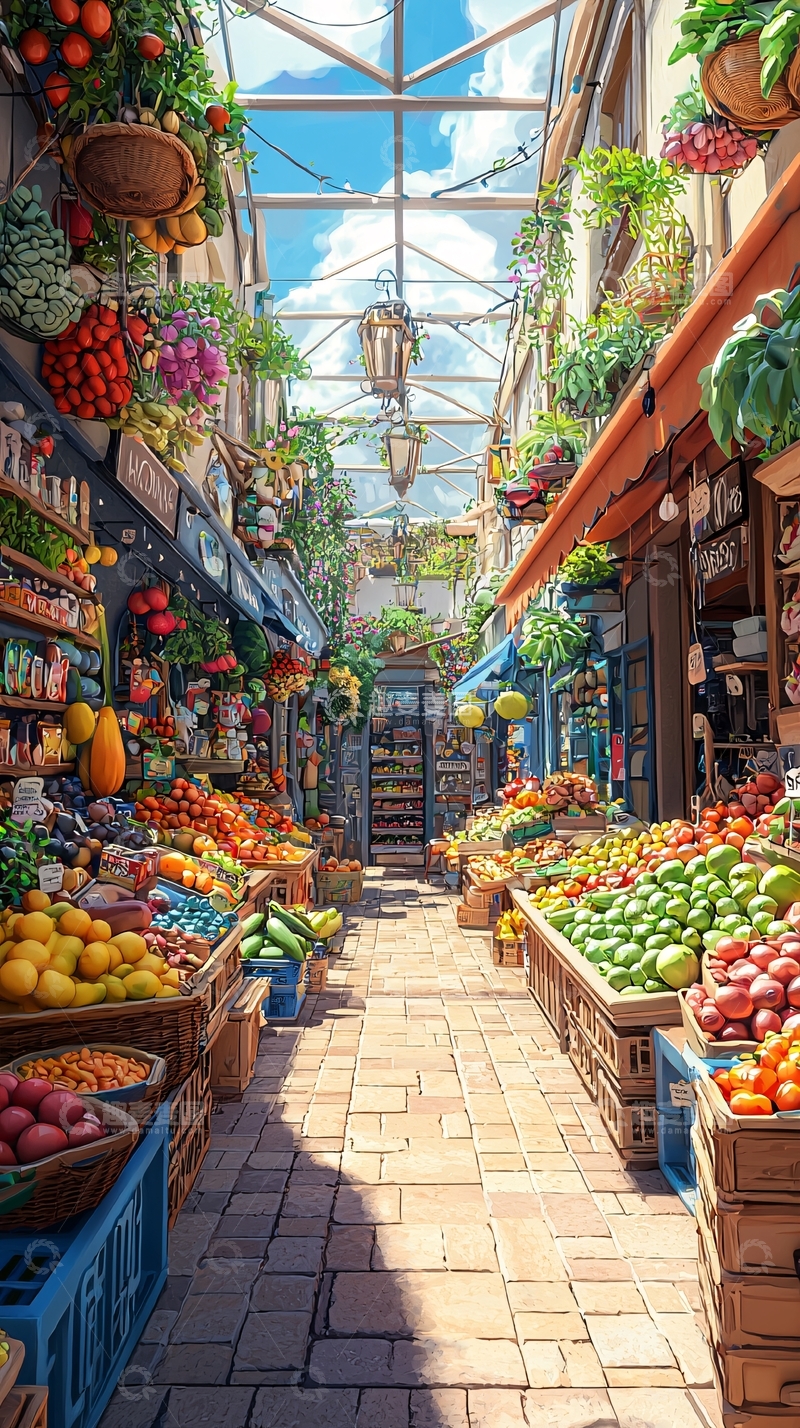 高清大图下载【趣麦麦图】阳光下的水果蔬菜市场