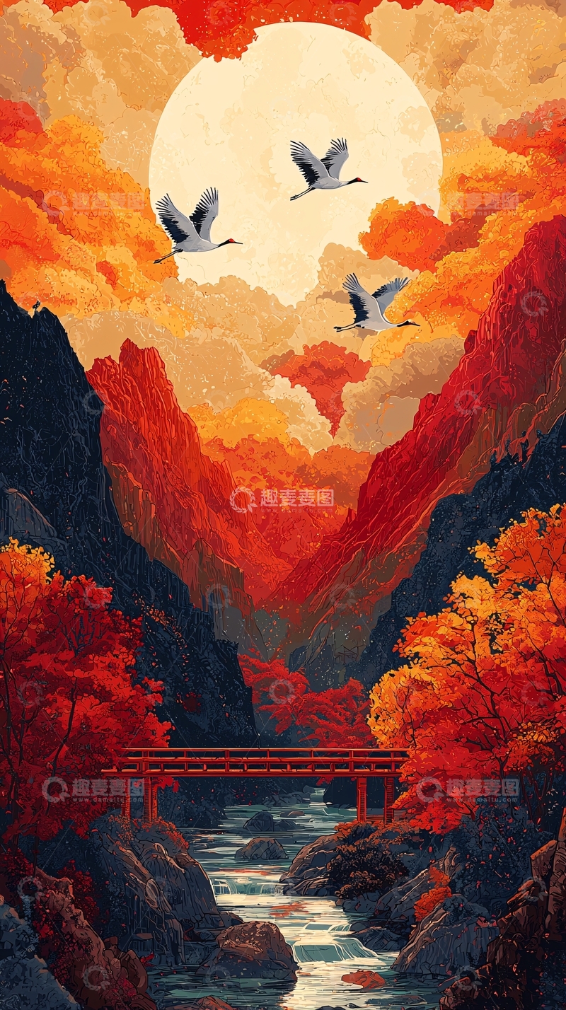 高清大图下载【趣麦麦图】秋日红枫山谷飞鹤图