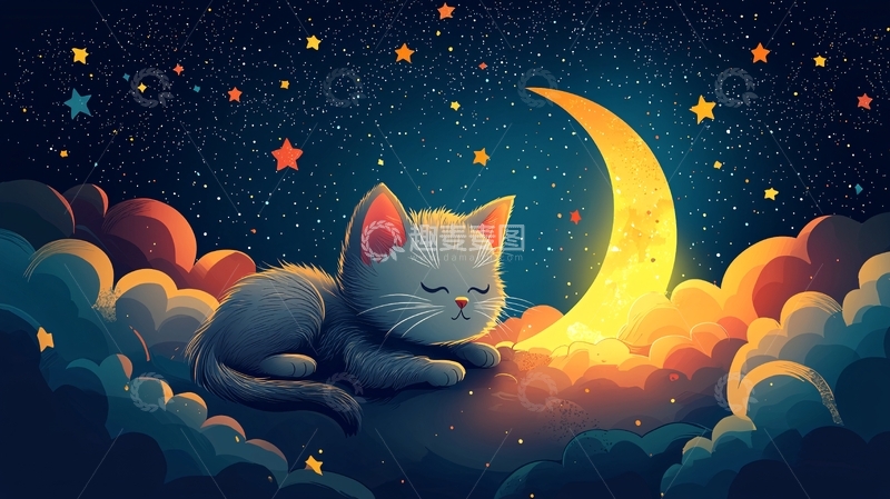 高清大图下载【趣麦麦图】猫咪睡月亮