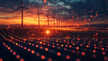 落日余晖下的风力发电场