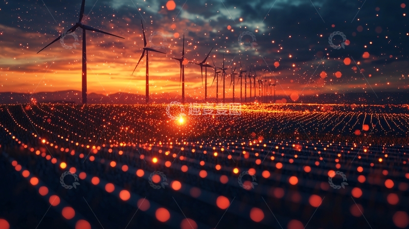 高清大图下载【趣麦麦图】落日余晖下的风力发电场