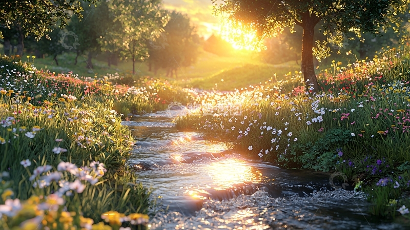 高清大图下载【趣麦麦图】清晨阳光下的溪流花田
