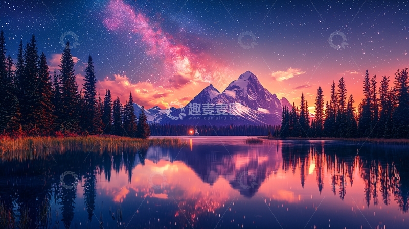 高清大图下载【趣麦麦图】梦幻星空下的雪山湖泊