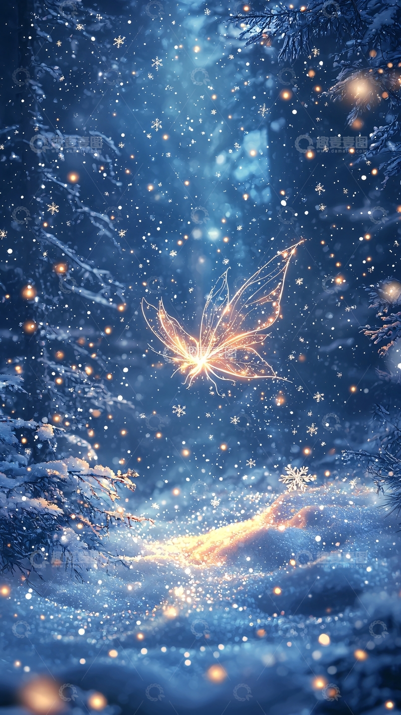 高清大图下载【趣麦麦图】冬日森林中闪耀的蝴蝶