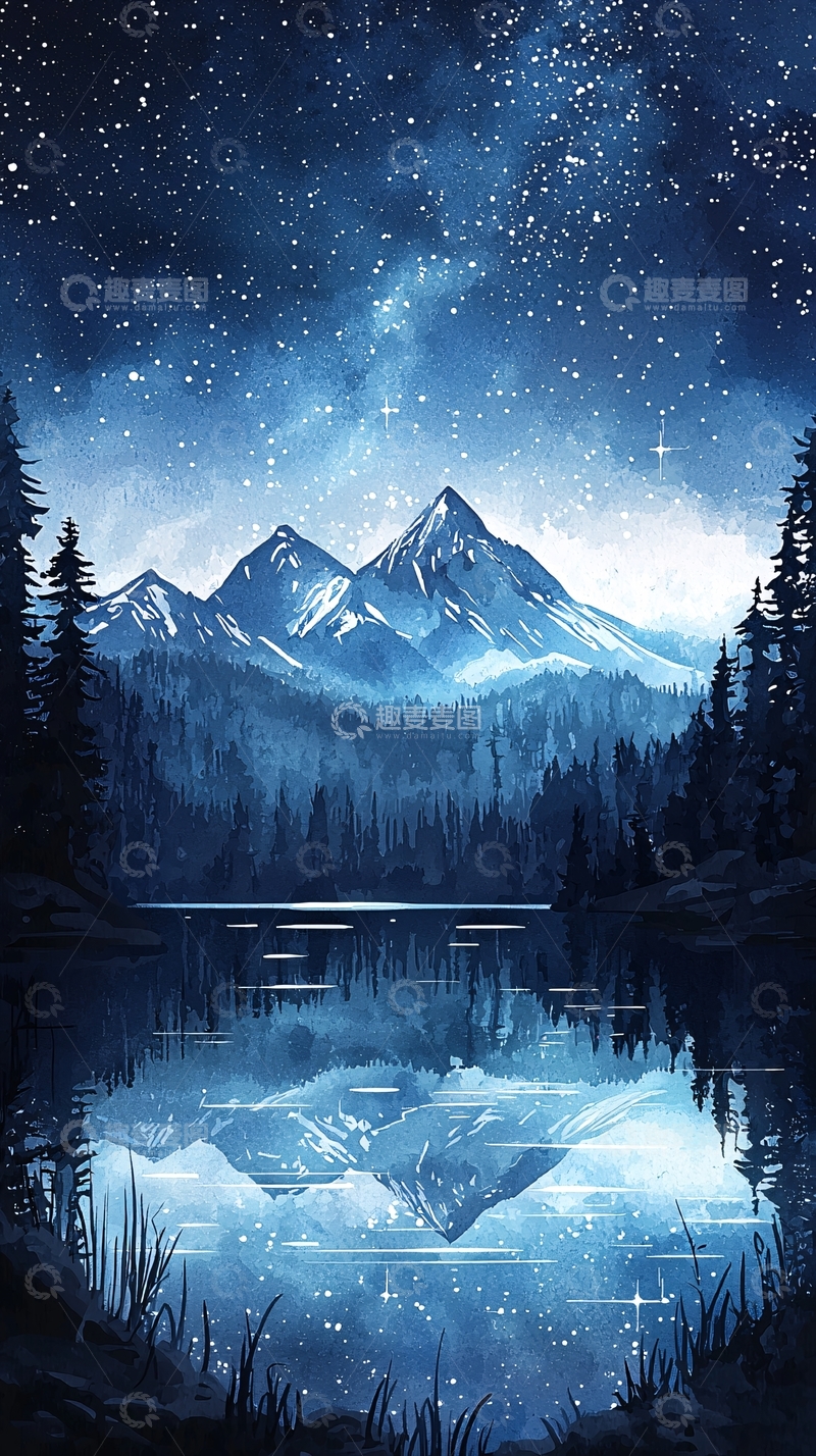 高清大图下载【趣麦麦图】宁静星空下的山水画