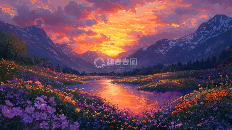 高清大图下载【趣麦麦图】落日余晖下的山谷花海