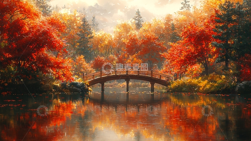 高清大图下载【趣麦麦图】秋日红叶桥