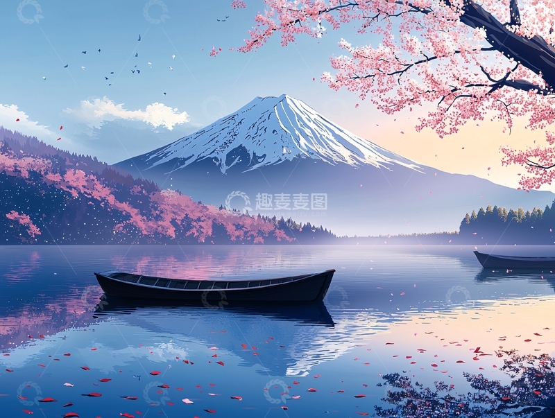 高清大图下载【趣麦麦图】富士山樱花湖泊