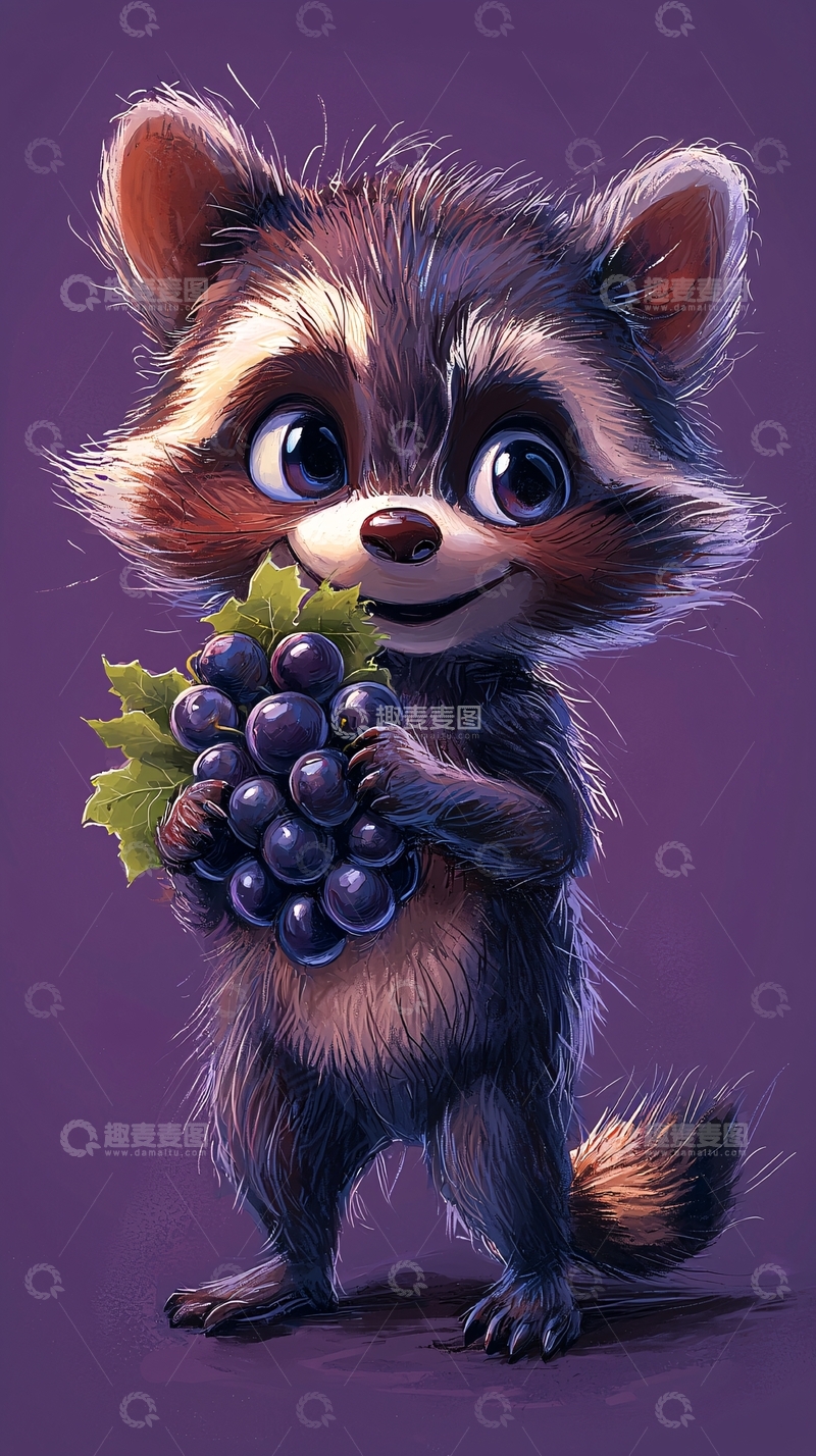 高清大图下载【趣麦麦图】卡通浣熊抱着葡萄