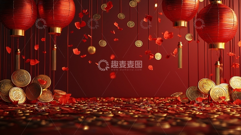 高清大图下载【趣麦麦图】红色背景喜庆灯笼金币