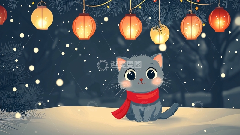 高清大图下载【趣麦麦图】雪夜小猫灯笼