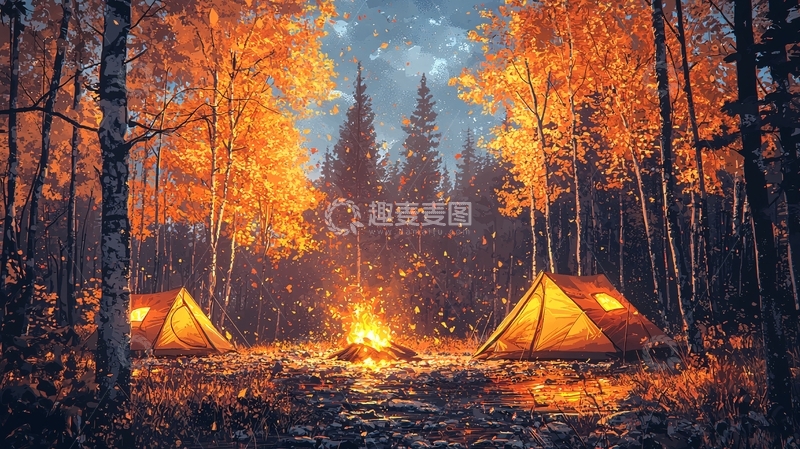 高清大图下载【趣麦麦图】秋夜篝火营地