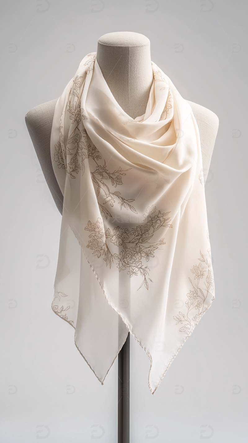 高清大图下载【趣麦麦图】米白色植物印花丝巾