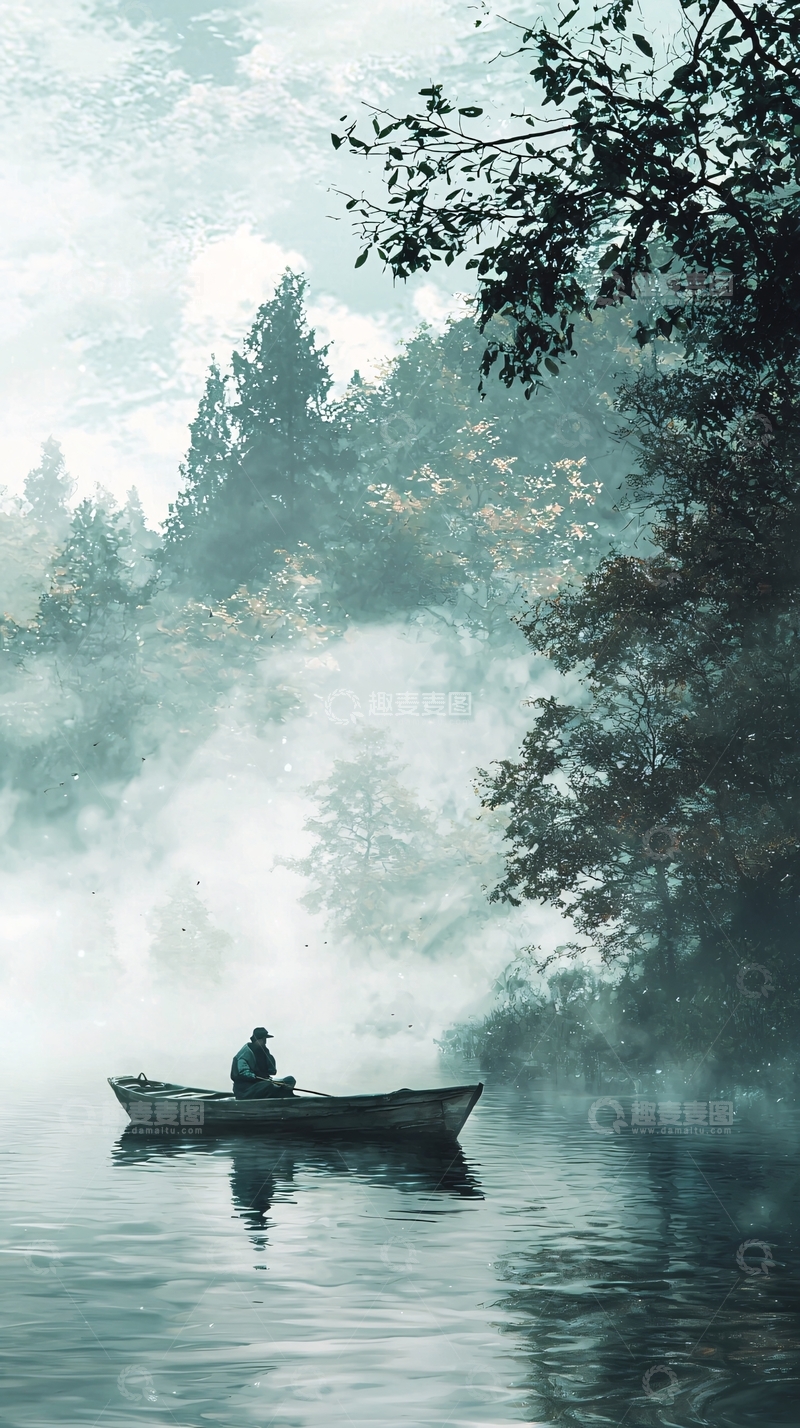 高清大图下载【趣麦麦图】雾气弥漫的湖面独木舟