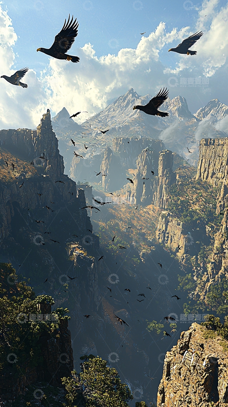 高清大图下载【趣麦麦图】群鸟飞翔山谷奇景