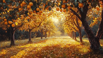 阳光洒落的橘子树林