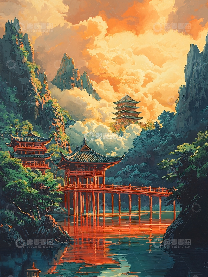 高清大图下载【趣麦麦图】山峦叠嶂古塔夕阳