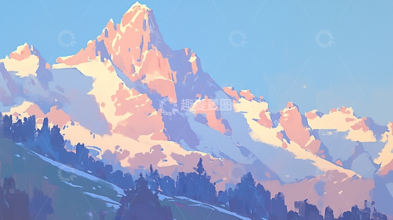 高清大图下载【趣麦麦图】雪山日出唯美插画风