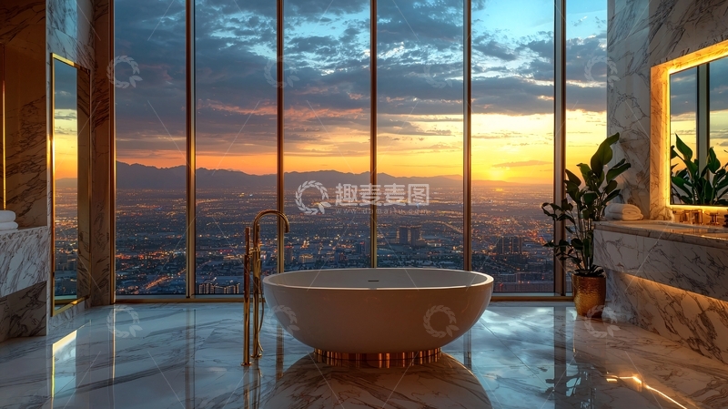 高清大图下载【趣麦麦图】豪华浴室日落城市景观
