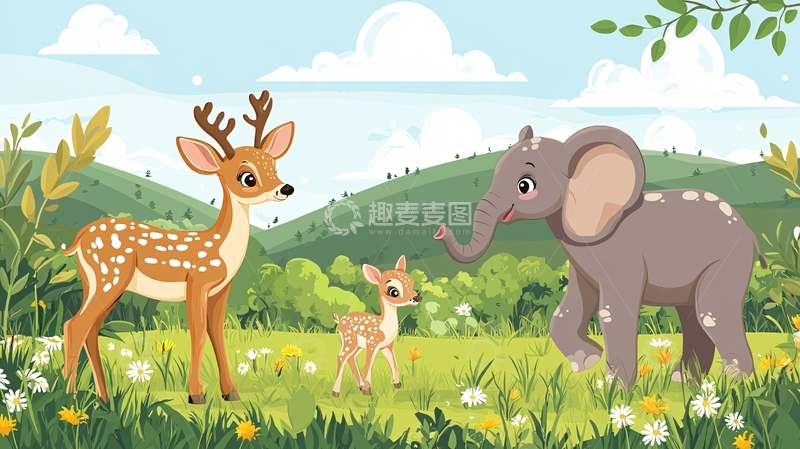 高清大图下载【趣麦麦图】卡通鹿妈妈和鹿宝宝与大象