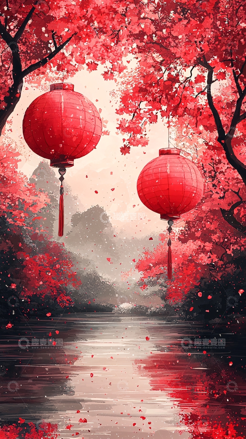 高清大图下载【趣麦麦图】-红枫树下红灯笼
