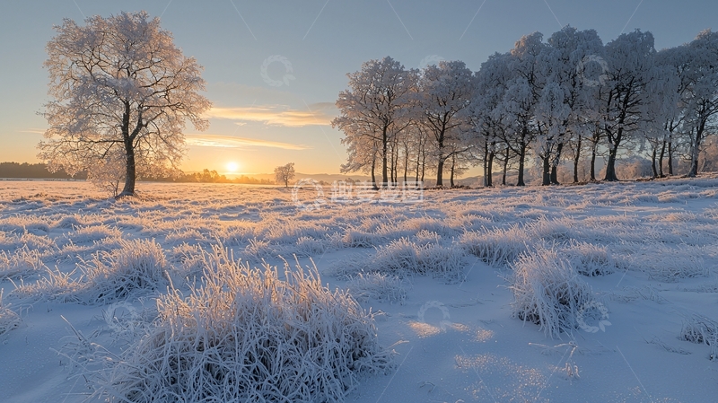 高清大图下载【趣麦麦图】冬日阳光下的霜冻树木