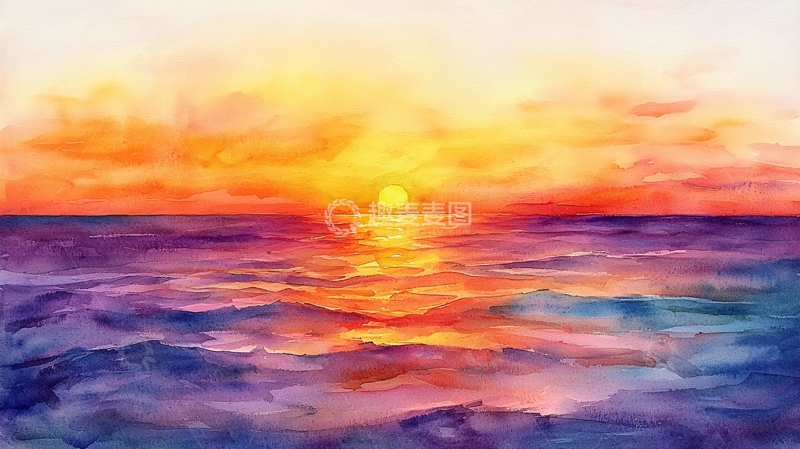 高清大图下载【趣麦麦图】水彩日落海景