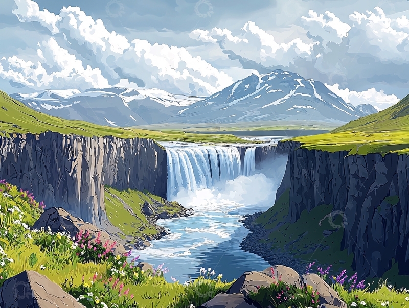 高清大图下载【趣麦麦图】山峦瀑布田园风光