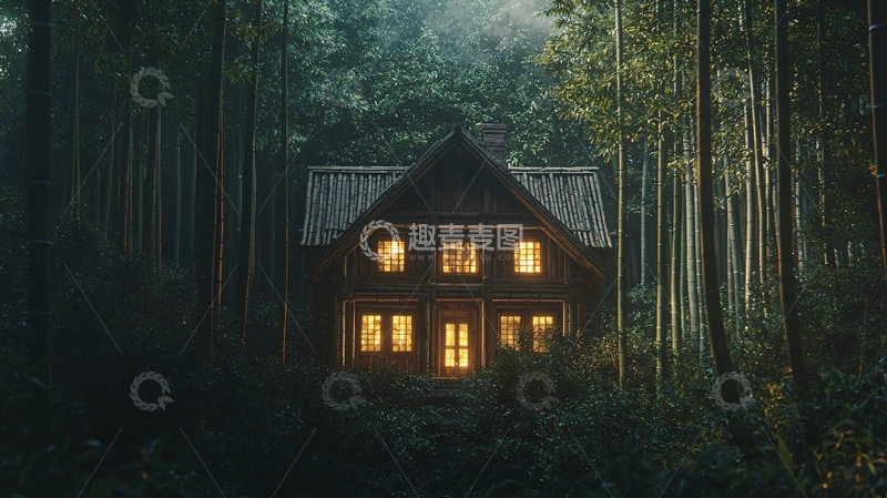 高清大图下载【趣麦麦图】森林小屋夜景