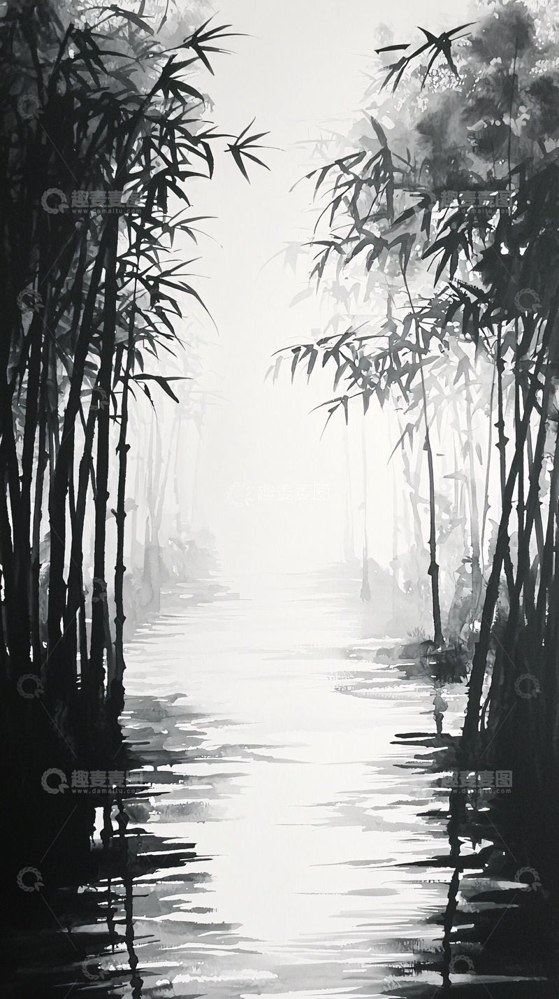 高清大图下载【趣麦麦图】水墨画竹林小溪