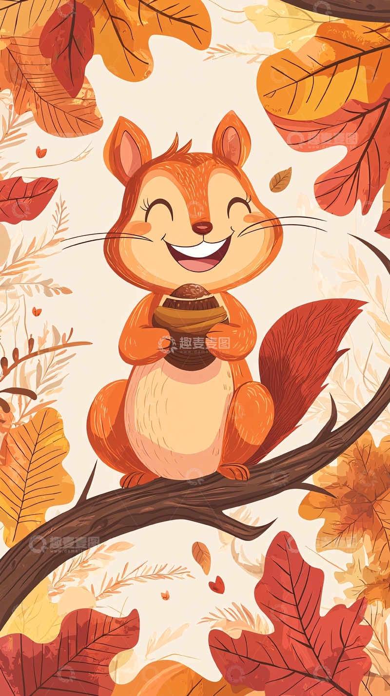 高清大图下载【趣麦麦图】开心小松鼠抱着橡果