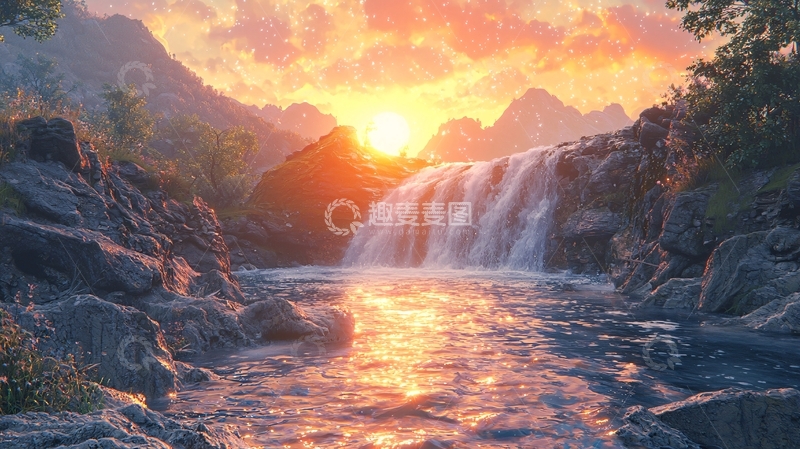 高清大图下载【趣麦麦图】日落山谷瀑布