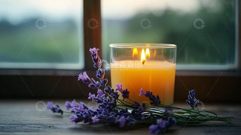 高清大图下载【趣麦麦图】窗边点燃的蜡烛和薰衣草