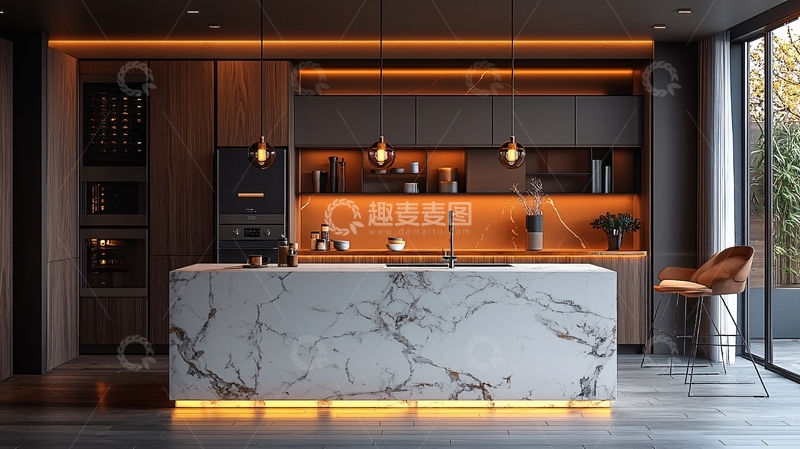 高清大图下载【趣麦麦图】现代简约风格大理石岛台厨房