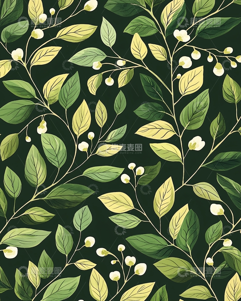 高清大图下载【趣麦麦图】深绿色背景植物花卉图案