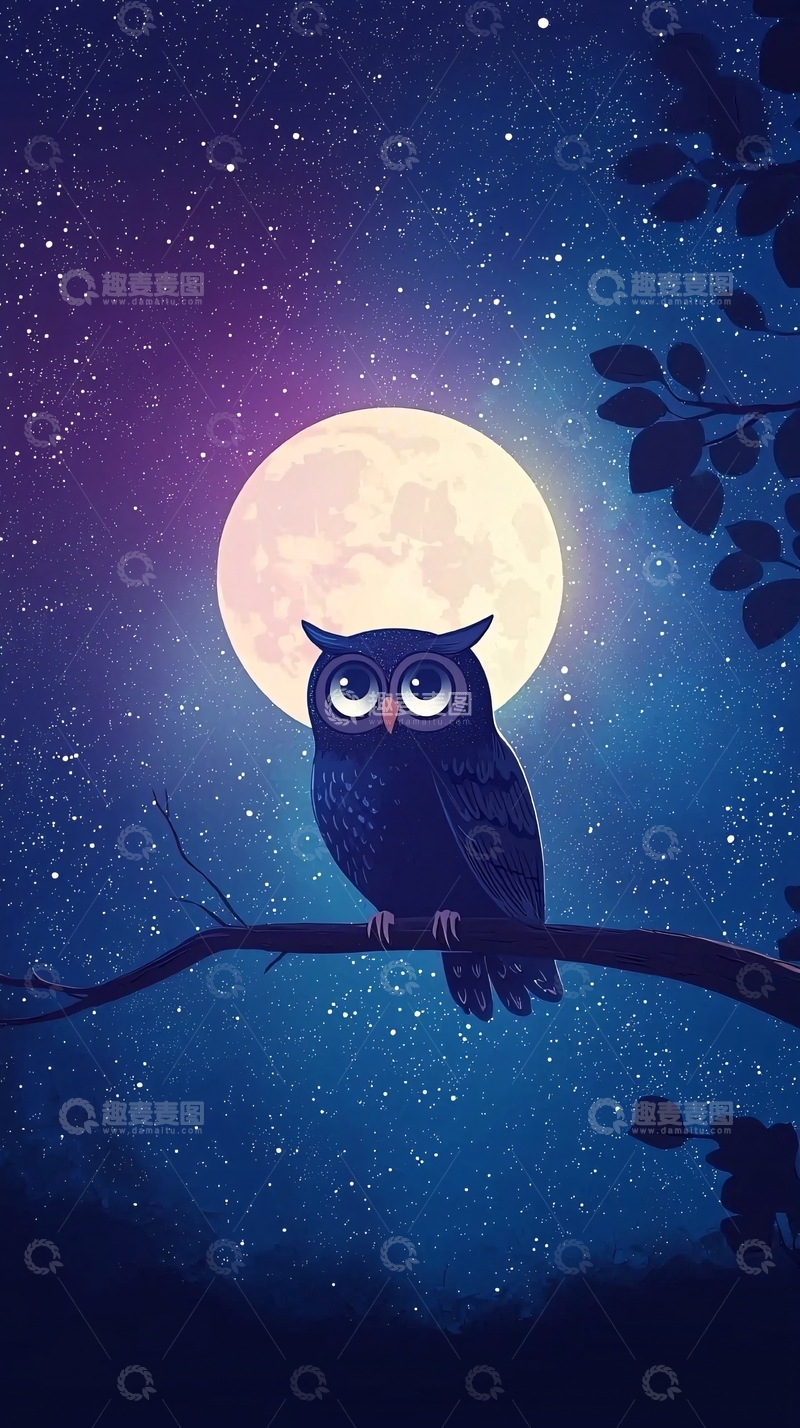 高清大图下载【趣麦麦图】星空下的猫头鹰